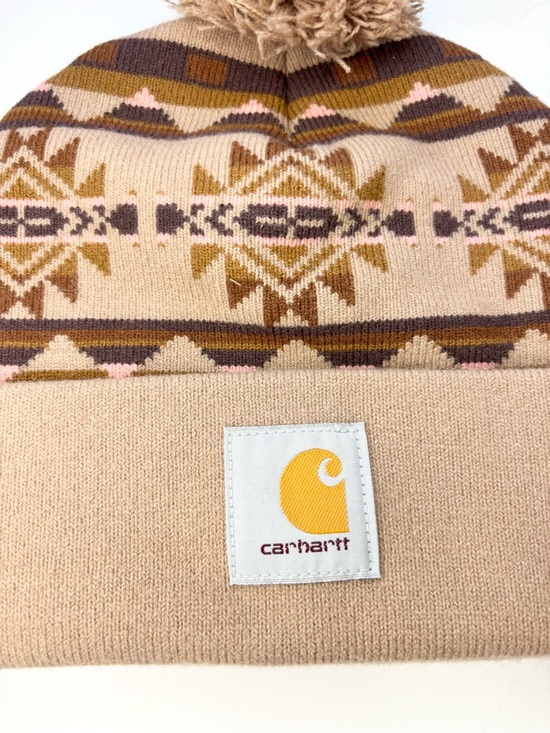 🔑Carhartt Tan & Brown Patterned Pom Beanie with Pink Accents - Picture 2 of 6